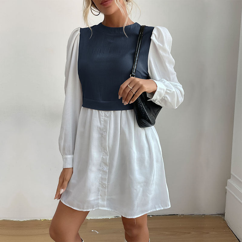 Damen Hemdblusenkleid mit eingesetzter kurzgeschnittener Weste, Puffärmeln und taillierter Silhouette Drune