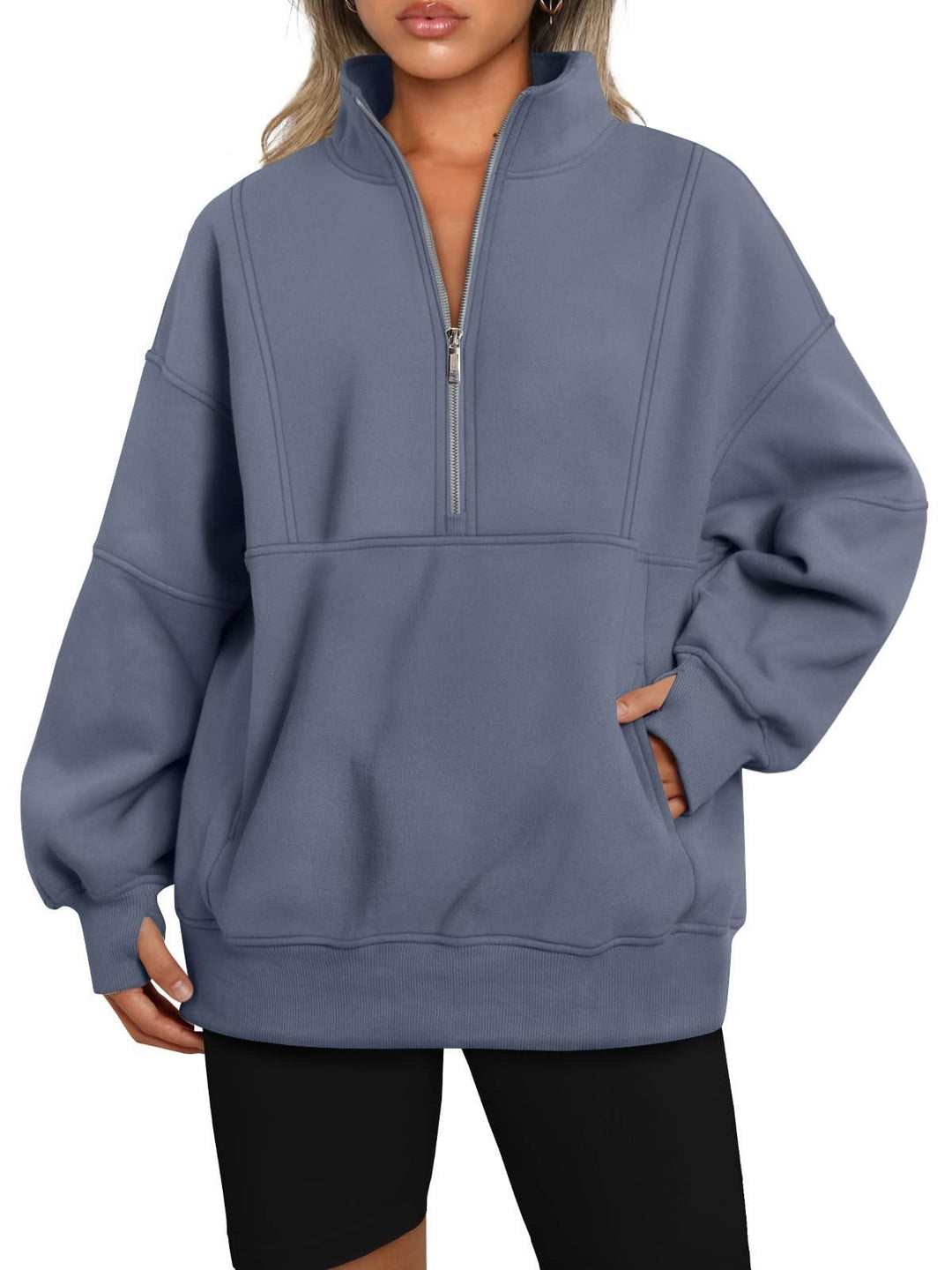 Damen Oversize-Sweatshirt mit halbem Reißverschluss, Stehkragen und Kängurutasche Drune