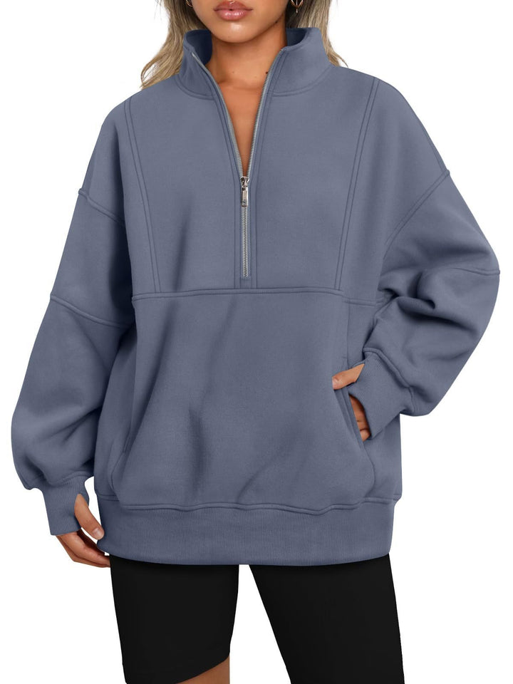 Damen Oversize-Sweatshirt mit halbem Reißverschluss, Stehkragen und Kängurutasche Drune