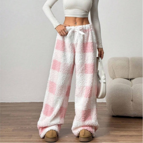Damen nan kuschelige karierte Fleece-Hose mit Tunnelzugbund und weitem Bein Drune
