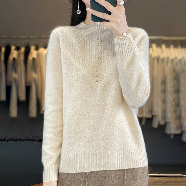 Damen Lockerer Mohair‑Blend Pullover mit strukturierter V‑Paneel und Stehkragen Drune