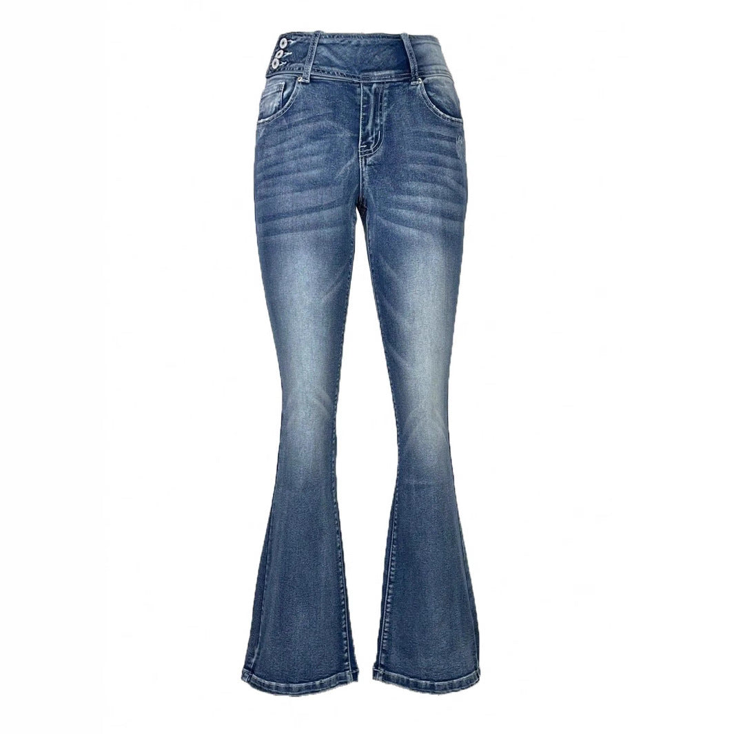 Damen hochtaillierte Flared-Jeans mit seitlicher Ziernaht und sculptendem Stretchbund Drune
