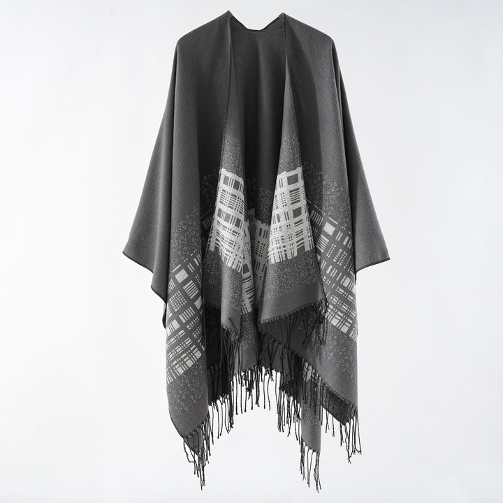 Damen Wollmix-Schulterponcho mit Jacquardmuster und Fransensaum Drune