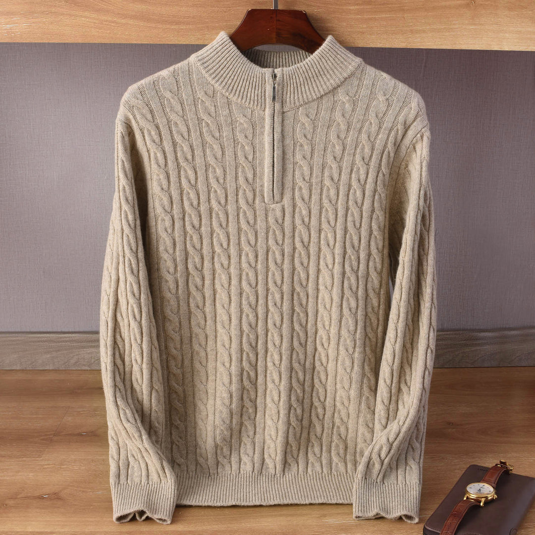 Herren Zopfmuster-Halbzip-Pullover aus weichem Wollmix mit Stehkragen Drune