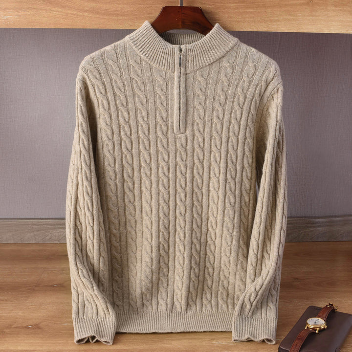 Herren Zopfmuster-Halbzip-Pullover aus weichem Wollmix mit Stehkragen Drune