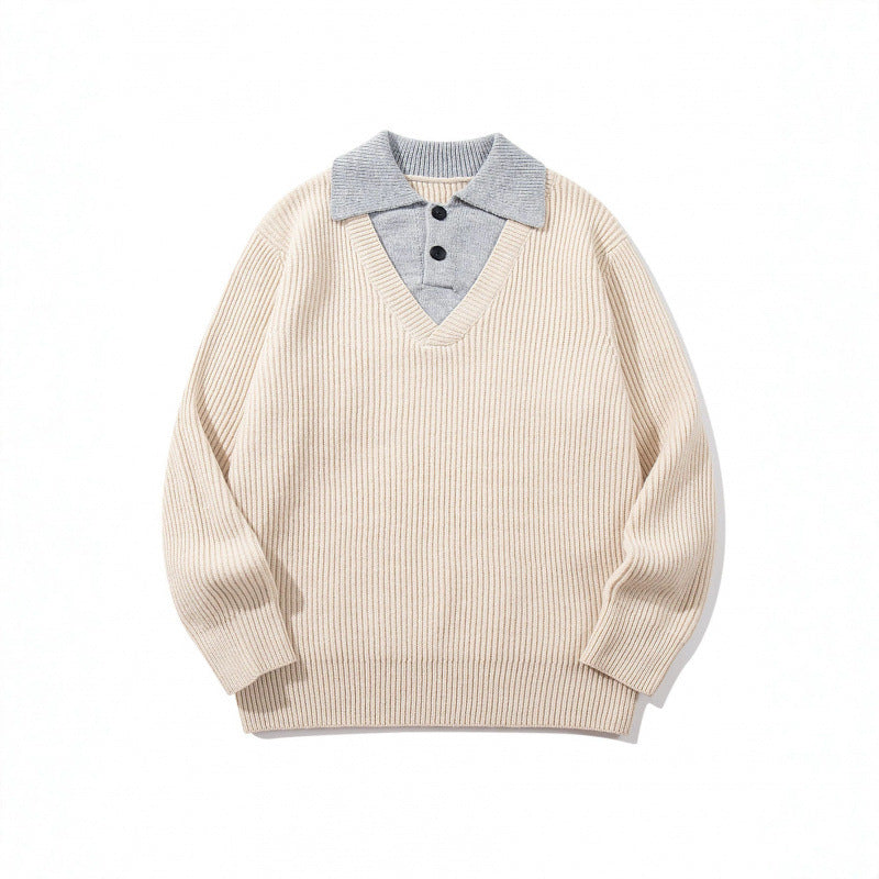 Unisex Grobstrick-Kastenpullover mit V-Ausschnitt und kontrastierendem Polo-Knopfkragen Drune