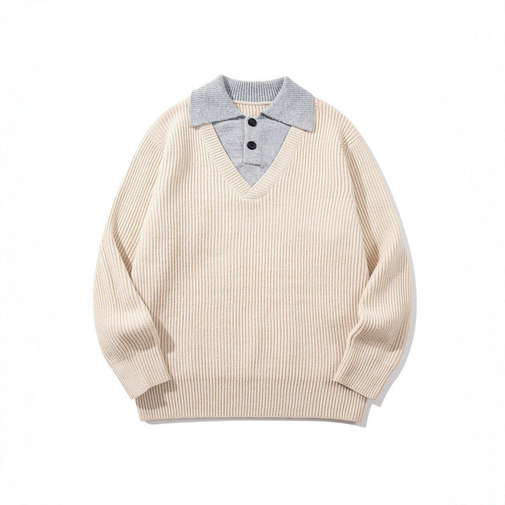 Unisex Grobstrick-Kastenpullover mit V-Ausschnitt und kontrastierendem Polo-Knopfkragen Drune