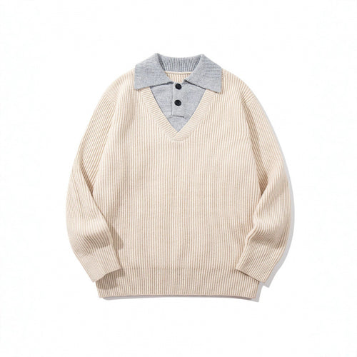 Unisex Grobstrick-Kastenpullover mit V-Ausschnitt und kontrastierendem Polo-Knopfkragen Drune