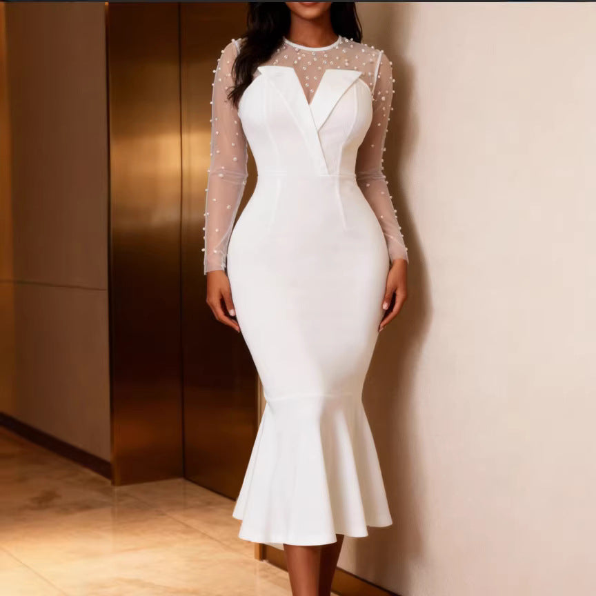 Damen Elegantes Hochzeitskleid mit transparenten Puffärmeln und Taillengürtel Drune