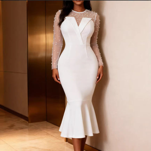 Damen Elegantes Hochzeitskleid mit transparenten Puffärmeln und Taillengürtel Drune