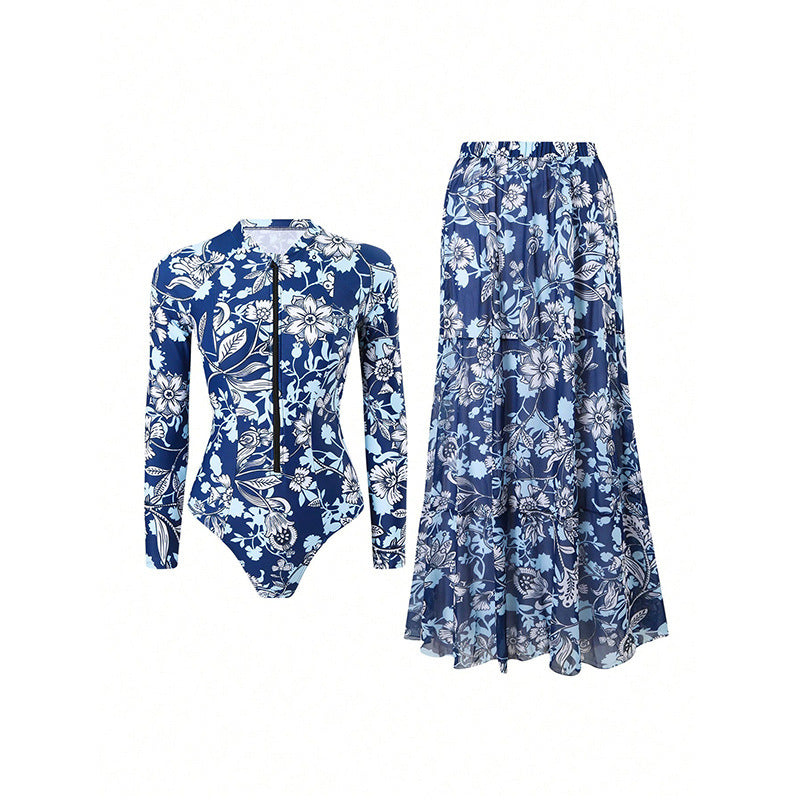 Damen eleganter Badeanzug mit langem Ärmel und schickem Überrock Drune