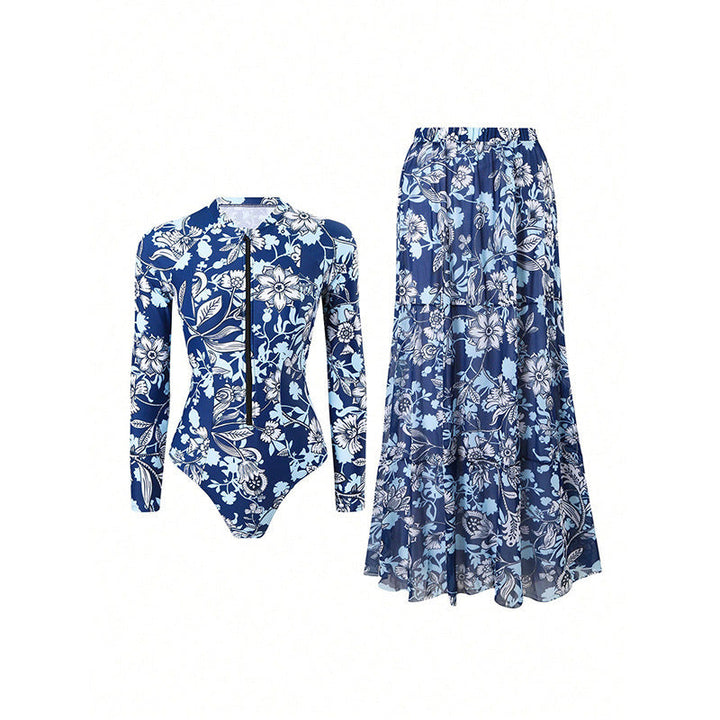 Damen eleganter Badeanzug mit langem Ärmel und schickem Überrock Drune