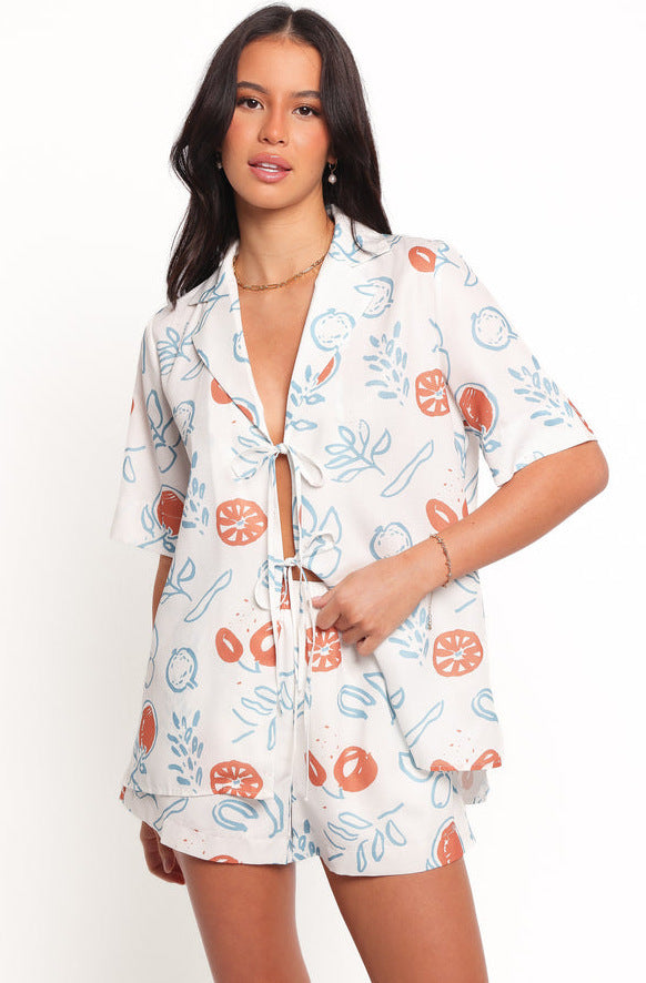 Damen lässiges Set mit kurzer Bluse und Shorts im fruchtigen Design Drune