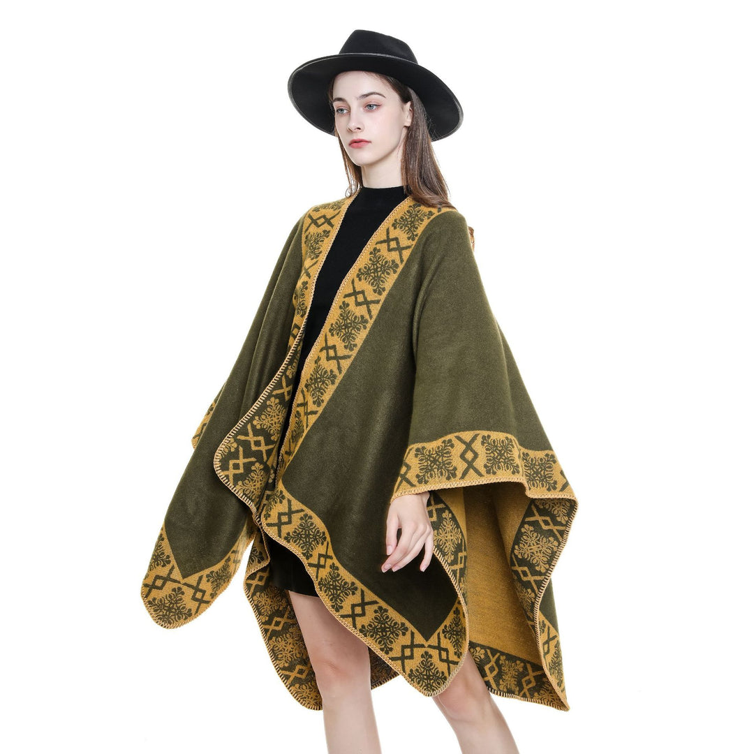 Damen Oversize-Umhangponcho aus Wollmix mit gewebter Bordüren-Jacquard und Zierkettelnaht Drune