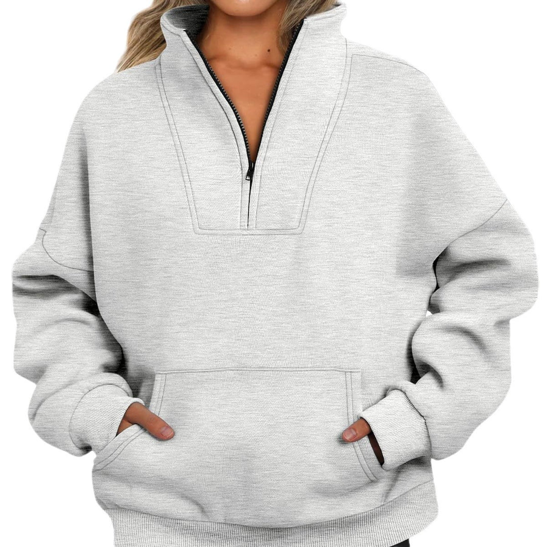 Damen nan oversized Halbzip-Hoodie mit hohem Stehkragen, Kängurutasche und gerippten Bündchen Drune