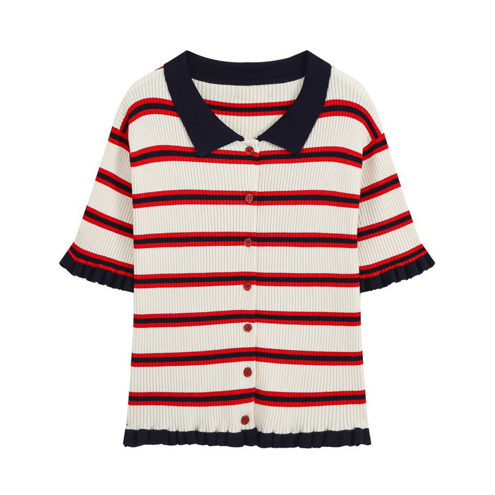 Damen Kurzärmelige gerippte Polokragen-Strickjacke mit Knopfleiste und Volantsaum Drune