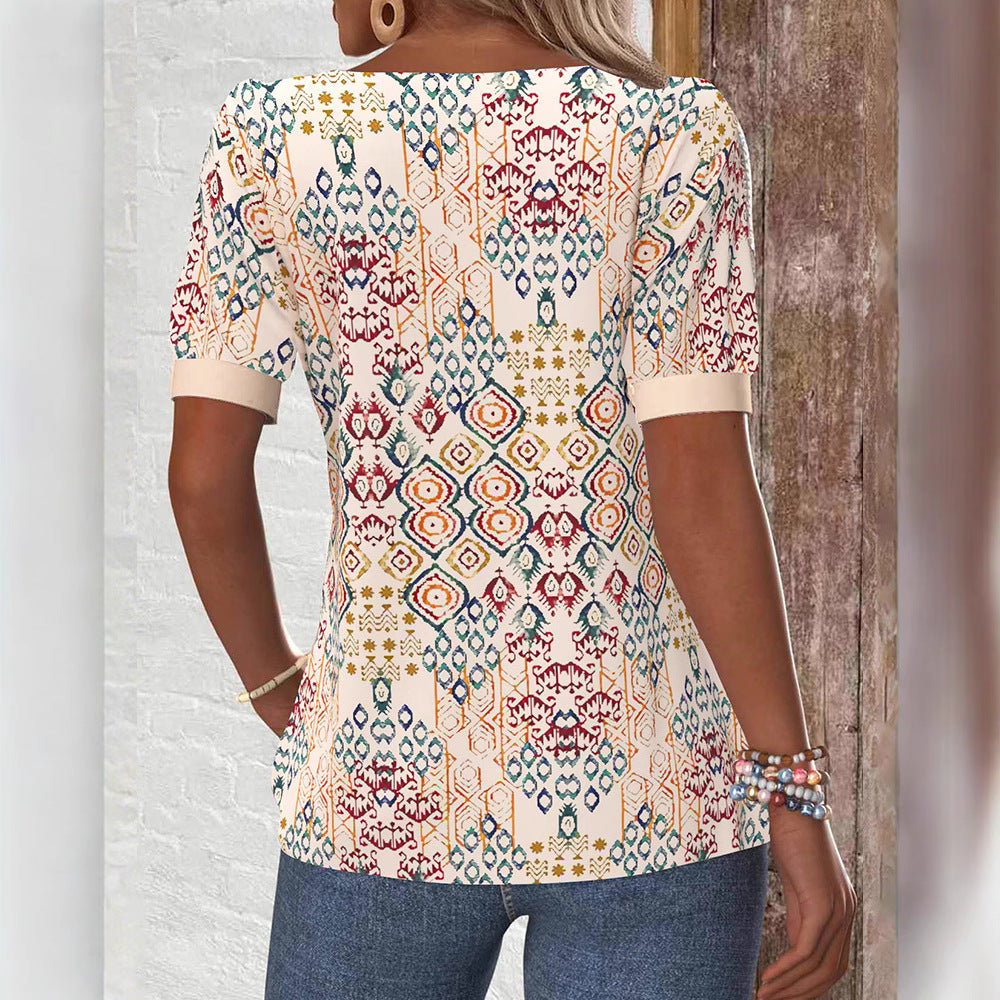 Damen nan Boho-Print Kurzarmshirt mit eckigem Ausschnitt, Kontrastblende und abgerundetem Saum Drune