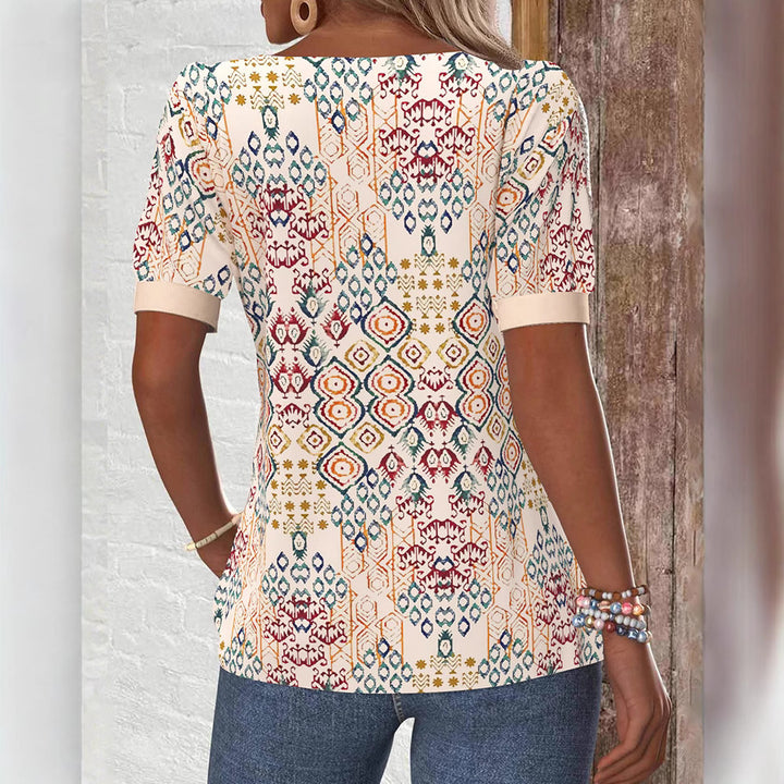 Damen nan Boho-Print Kurzarmshirt mit eckigem Ausschnitt, Kontrastblende und abgerundetem Saum Drune