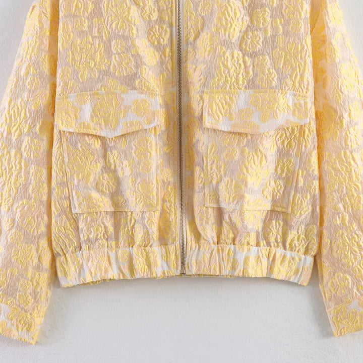 Damen Kurze Jacquard-Blousonjacke mit Blumenrelief, Reißverschluss und Pattentaschen Drune