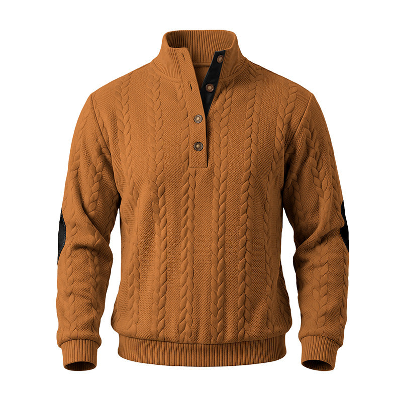 Herren Troyer-Pullover mit Zopfmuster, Ellbogen‑Patches und kontrastierter Knopfleiste Drune