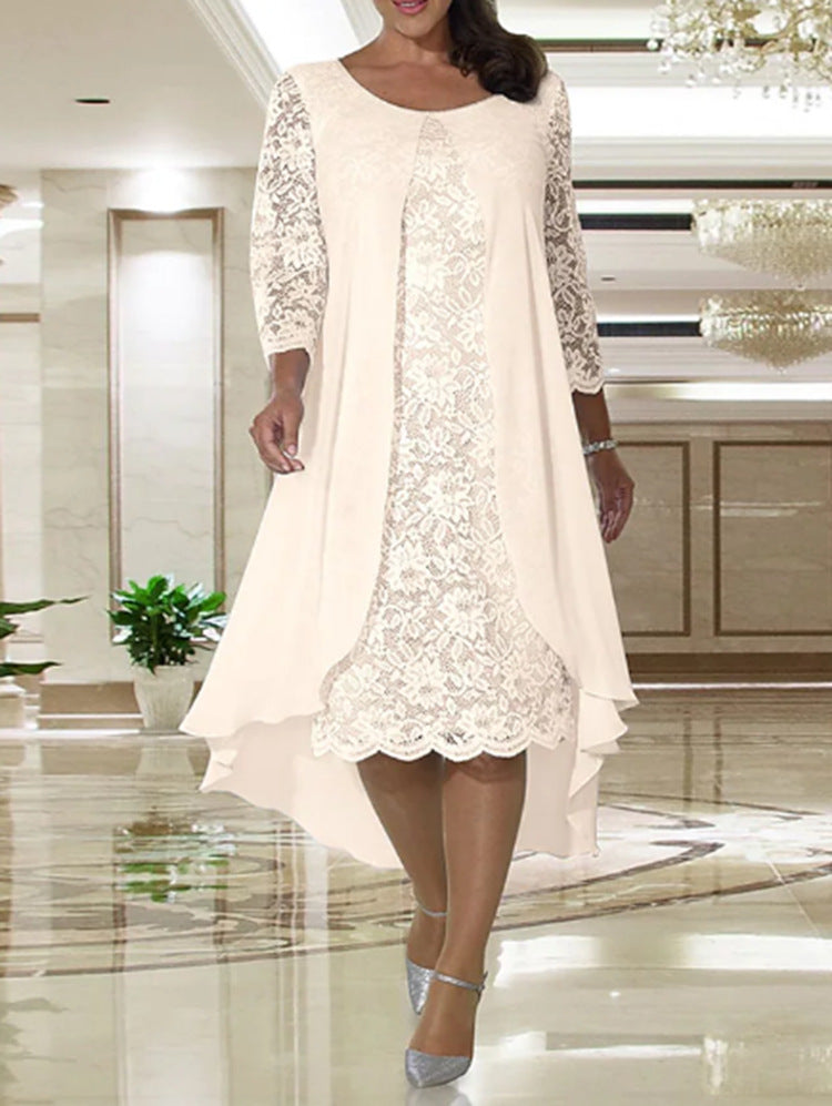 Damen nan elegantes Chiffon-Spitzenkleid mit Vokuhila-Überwurf und dreiviertelärmeln Drune