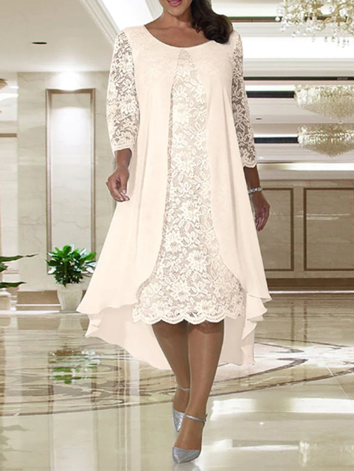 Damen nan elegantes Chiffon-Spitzenkleid mit Vokuhila-Überwurf und dreiviertelärmeln Drune
