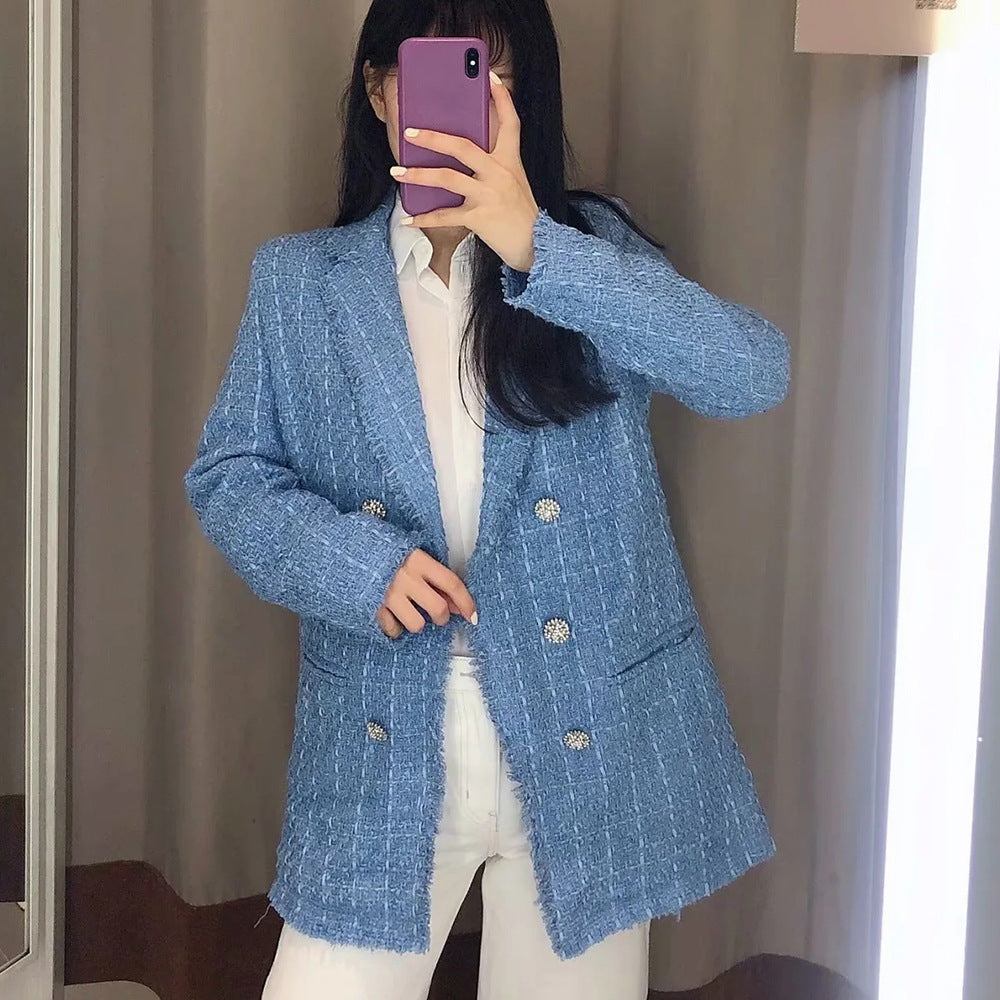 Damen Doppelreihiger Bouclé-Tweed-Blazer mit Fransenbesatz Drune