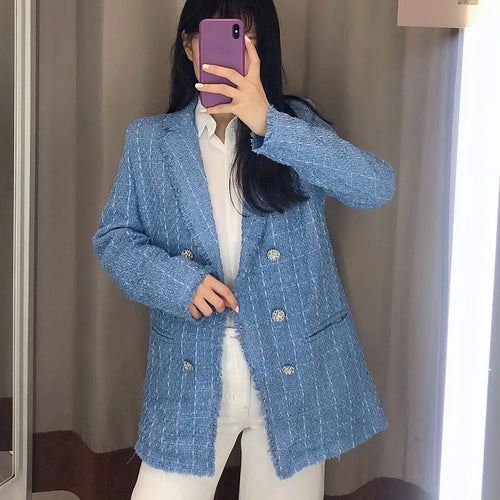 Damen Doppelreihiger Bouclé-Tweed-Blazer mit Fransenbesatz Drune