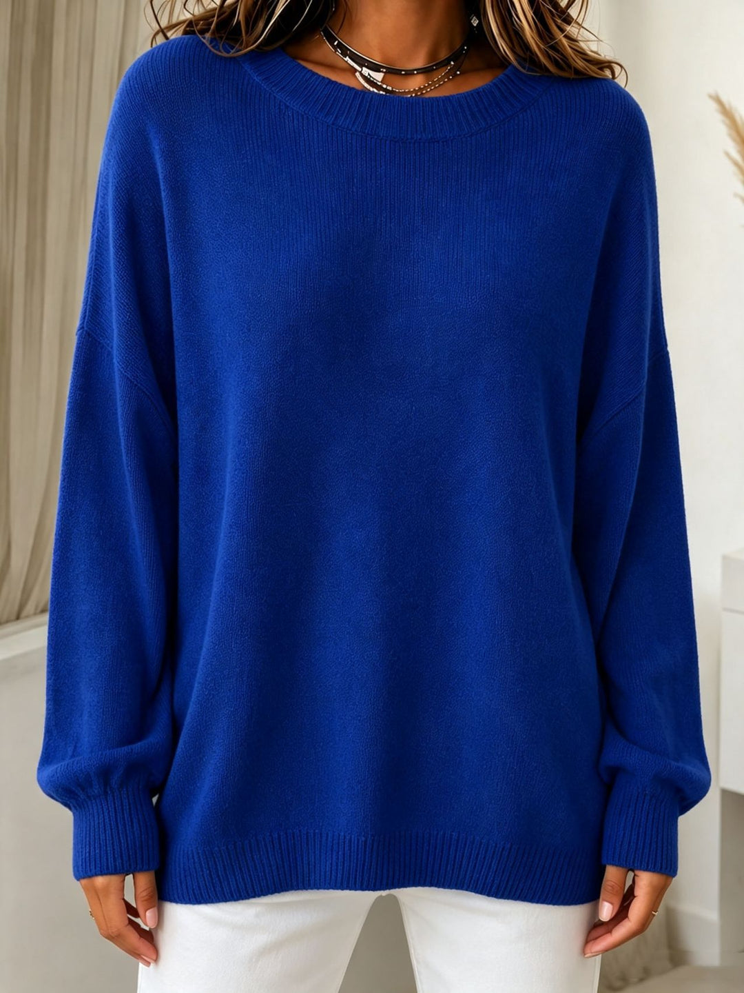 Damen Leichter Cashmere‑Touch Pullover mit Rundhalsausschnitt, überschnittener Schulter und gerippten Bündchen Drune