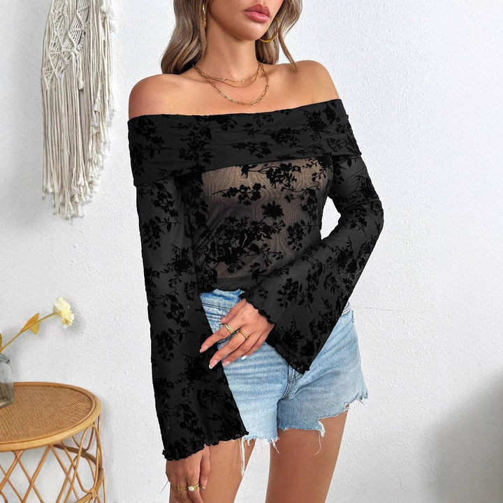 Damen nan schulterfreies Netz-Top mit floraler Samtflock-Applikation, bauchfreiem verkürztem Schnitt und Trompetenärmeln Drune