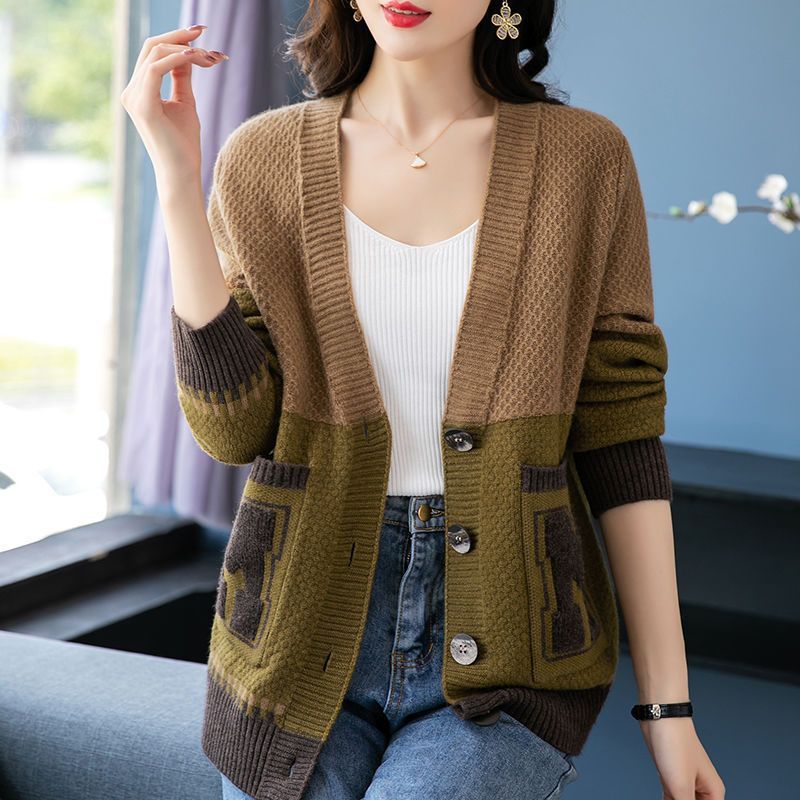 Damen lässige Strickjacke mit modernen Zopfmustern und praktischen Taschen Drune