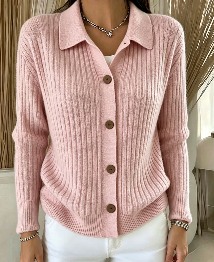 Damen Feiner gerippter Knopf‑Cardigan mit Hemdkragen und kastiger Silhouette Drune