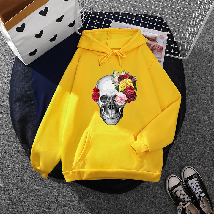 Unisex nan Kapuzenpullover mit floraler Totenkopf-Illustration, Oversize-Fit und French-Terry-Qualität Drune