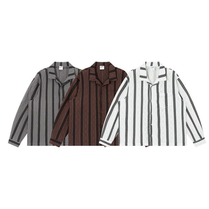 Unisex Leichte Hemdjacke mit Camp-Kragen, Relaxed‑Fit und vertikalem Zopfstreifenmuster Drune