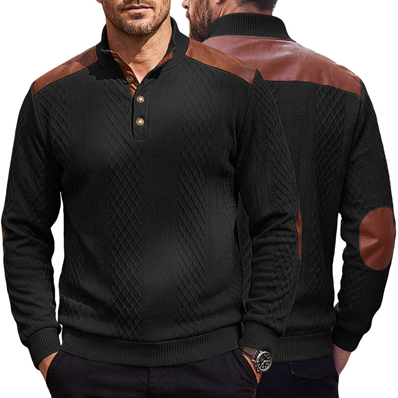 Herren Pullover mit Stehkragen, Zopfmuster und kontrastierenden Lederbesätzen Drune