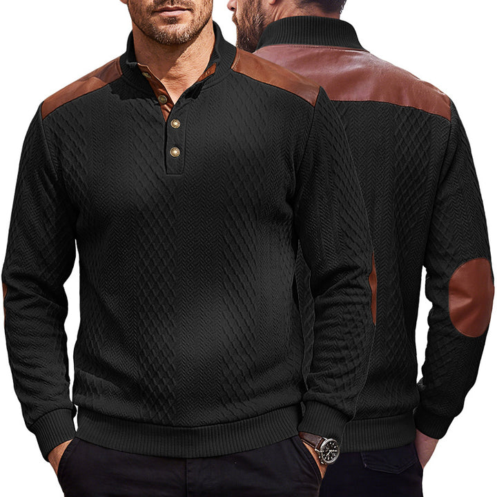 Herren Pullover mit Stehkragen, Zopfmuster und kontrastierenden Lederbesätzen Drune