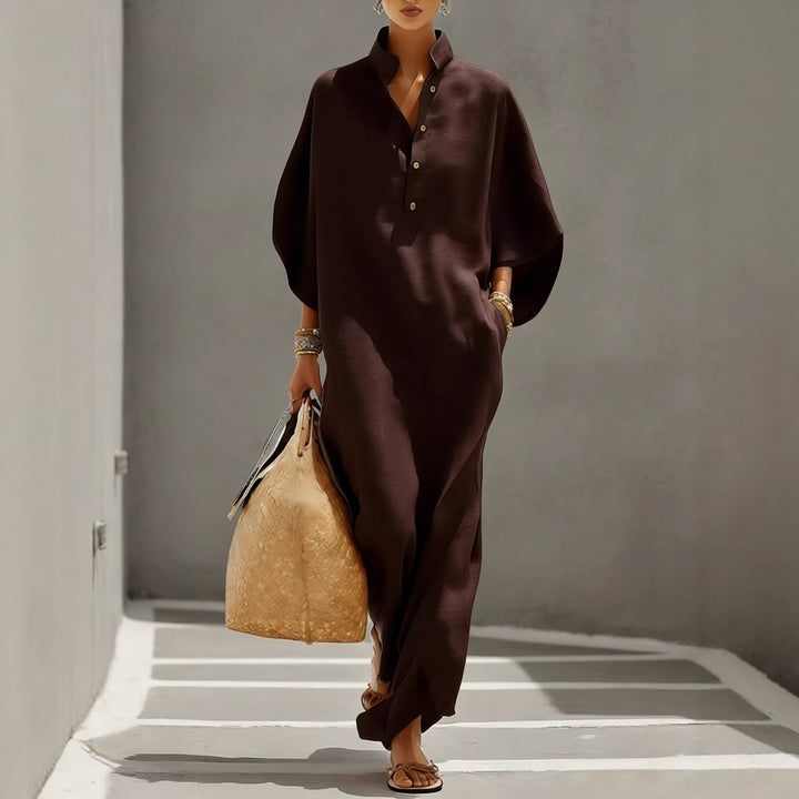 Damen Weites Kaftan-Midikleid mit Stehkragen und 3-Knopf-Blende Drune
