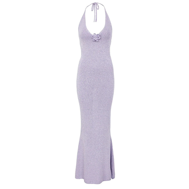 Damen Skulpturales Maxikleid mit tiefem V-Ausschnitt und dekorativem Blumenakzent Drune