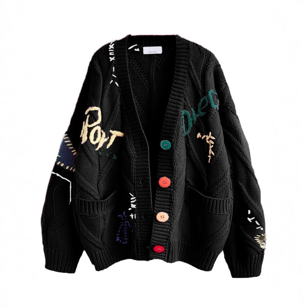 Damen Stylischer Strickcardigan mit bunten Knöpfen und aufwendigem Design