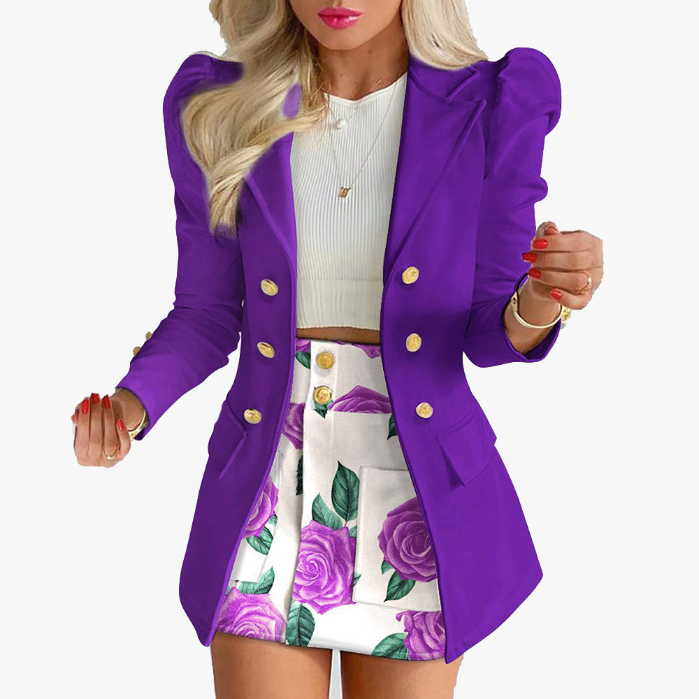 Damen nan tailliertes Zweiteiler-Businesskostüm mit doppelreihigem Blazer und figurbetontem Minirock Drune