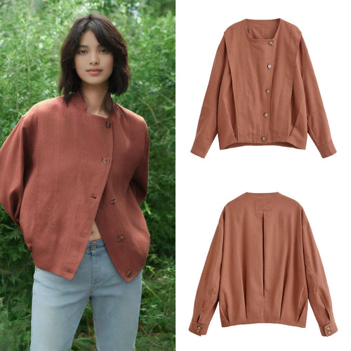 Damen Boxy-Übergangsjacke mit Rundhalsausschnitt, dekorativen Steppnähten und sichtbarer Knopfleiste Drune