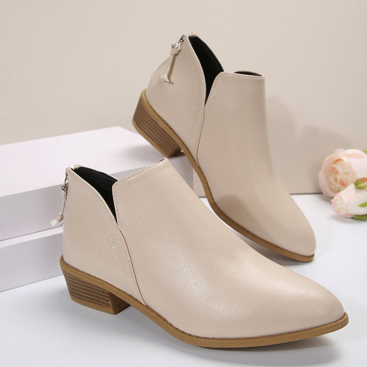 Damen Metallic-Ankleboots mit spitzer Kappe, Rückreißverschluss und niedrigem Blockabsatz Drune