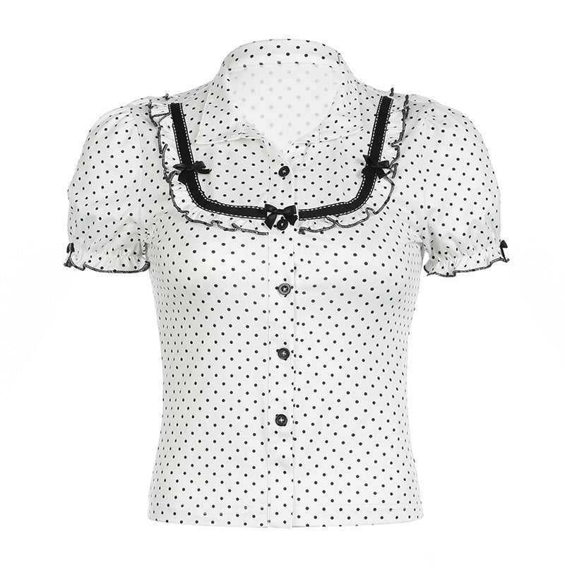 Damen Vintage Polka Dot Bluse mit Puffärmeln Drune