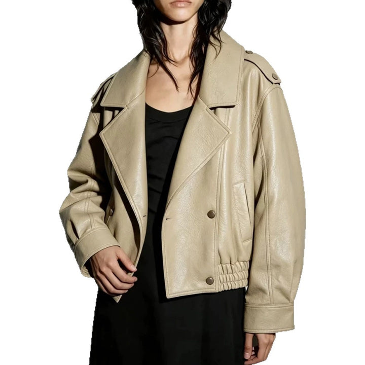 Damen Oversize Lederimitat-Blouson mit doppelreihiger Knopfleiste, weitem Revers und elastischem Saum Drune