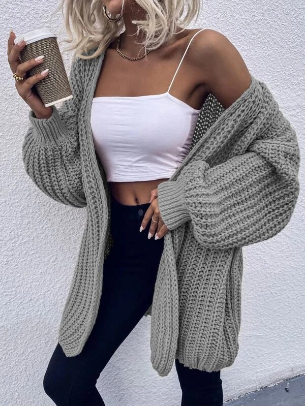 Damen lässiger Grobstrick-Cardigan mit tiefen Taschen und voluminösen Ärmeln Drune