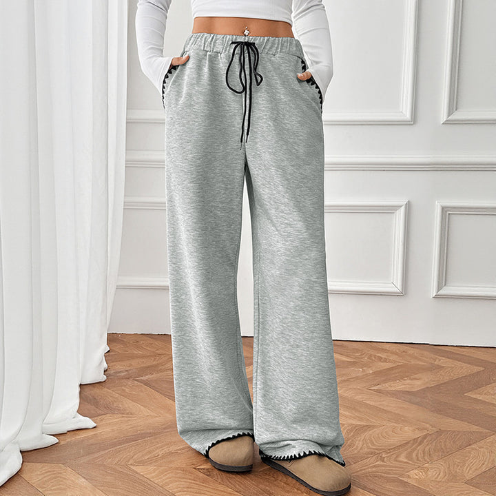 Damen Relaxte Lounge-Jogginghose mit weitem Bein, elastischem Bund, Kordelzug und Zierkante Drune