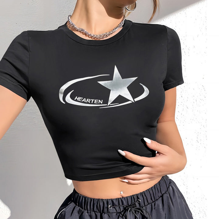 Damen Crop-T-Shirt mit glänzendem Sternmotiv und figurbetontem Schnitt Drune