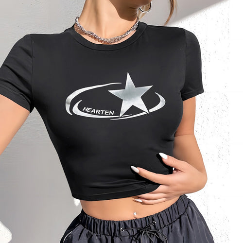 Damen Crop-T-Shirt mit glänzendem Sternmotiv und figurbetontem Schnitt Drune