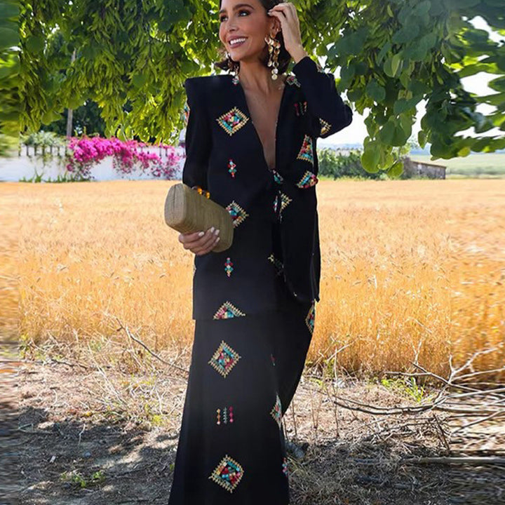 Damen Zweiteiliger Jacquard-Anzug mit Taillenschleife und weitem Bein Drune