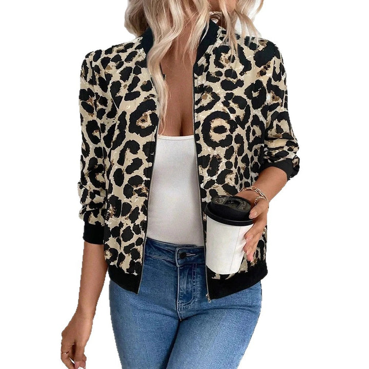 Damen Leichte Leoparden-Bomberjacke mit durchgehendem Reißverschluss und Rippbündchen Drune